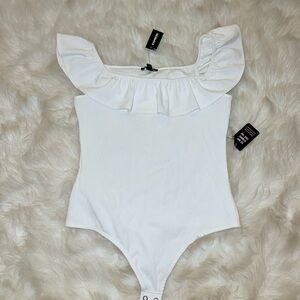 Express White Ruffle Ribbed Bodysuit